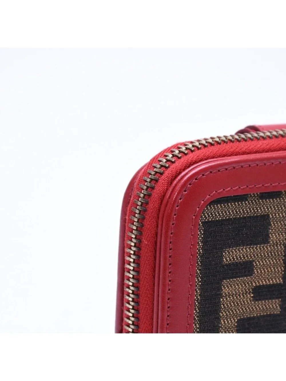 Fendi Compact Wallet Bifold Zucca Pattern Canvas Leather Brown Red Gold